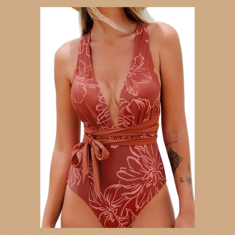 Peach one piece swimsuit.3